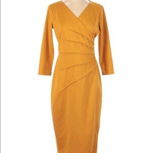 MAGGY LONDON 3/4 SLEEVES RUCHED V-NECK DRESS MIDI